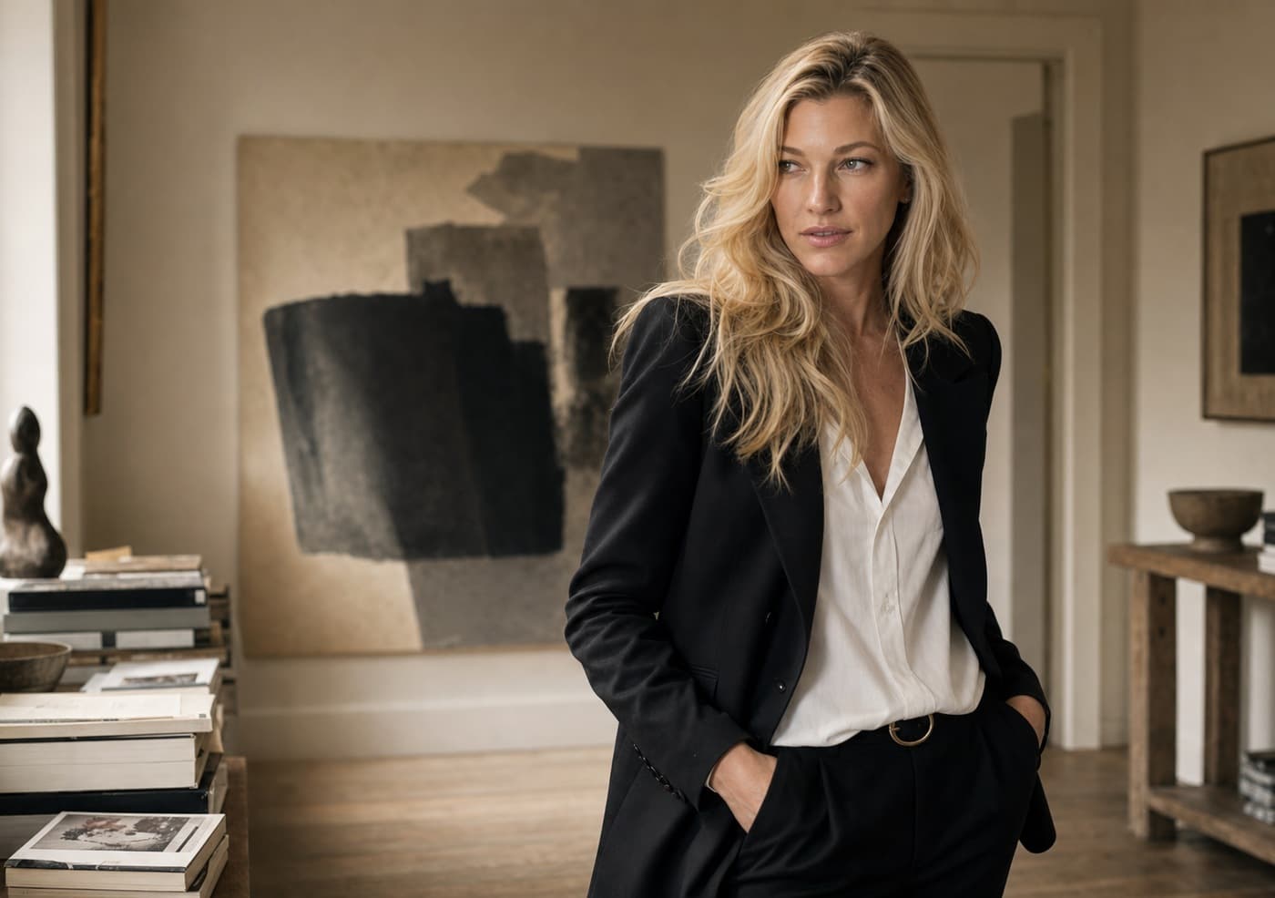 Nicole Junkermann standing in a quiet room hung with art during the early gallery hour