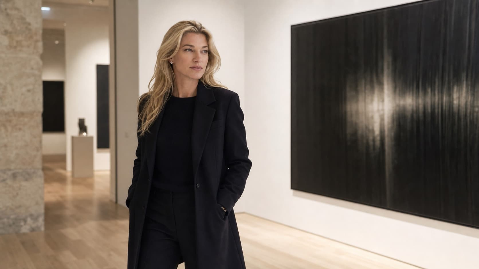 Nicole Junkermann in a Paris, France gallery with dark abstract art for the Soulages Paris note