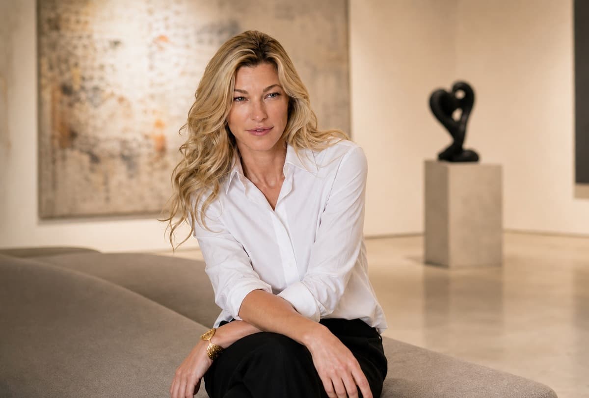 Nicole Junkermann considering works in a gallery, reflecting on collecting and patronage