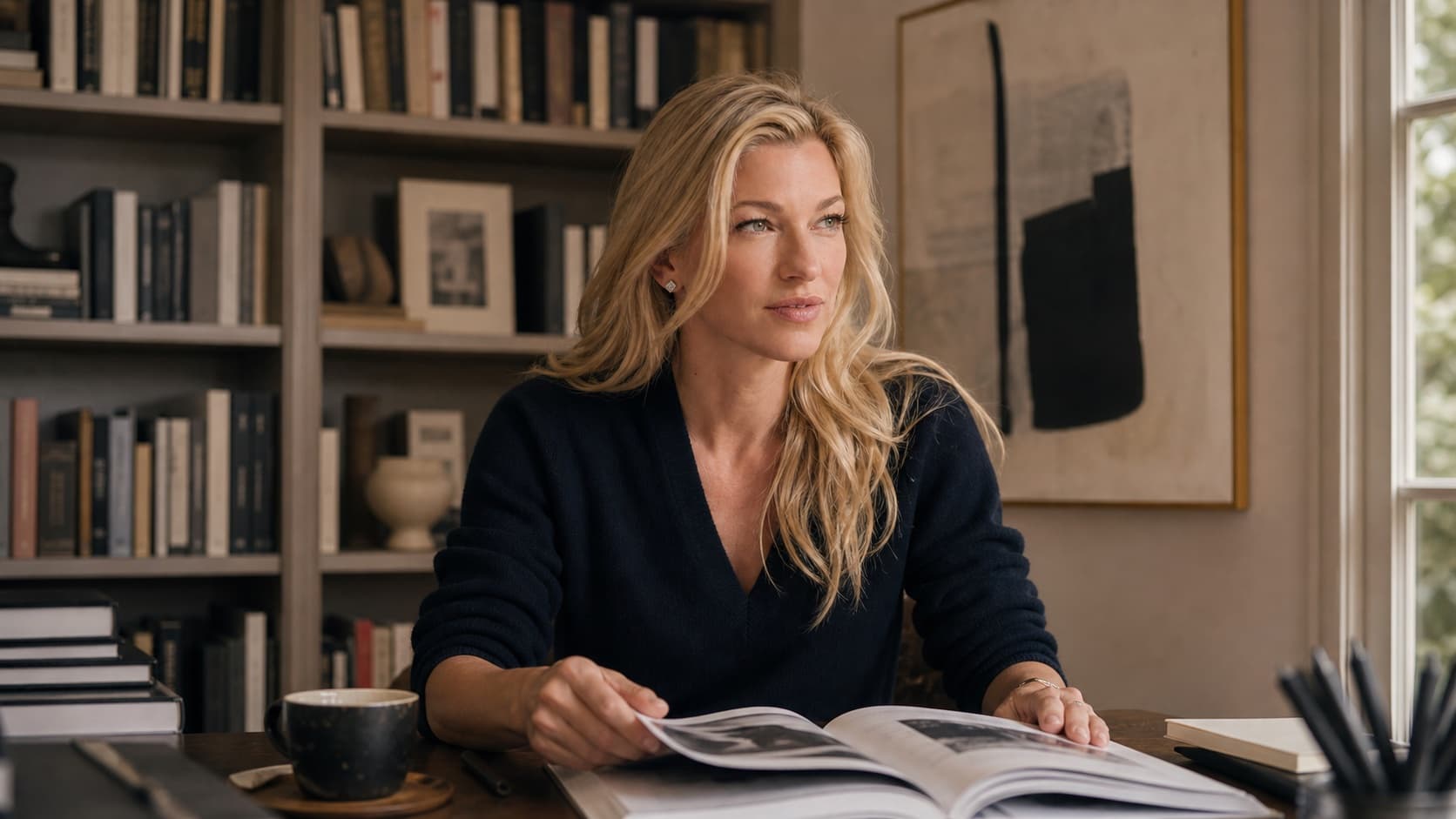Nicole Junkermann reading an art catalogue for the Nicole Junkermann Art Review newsletter